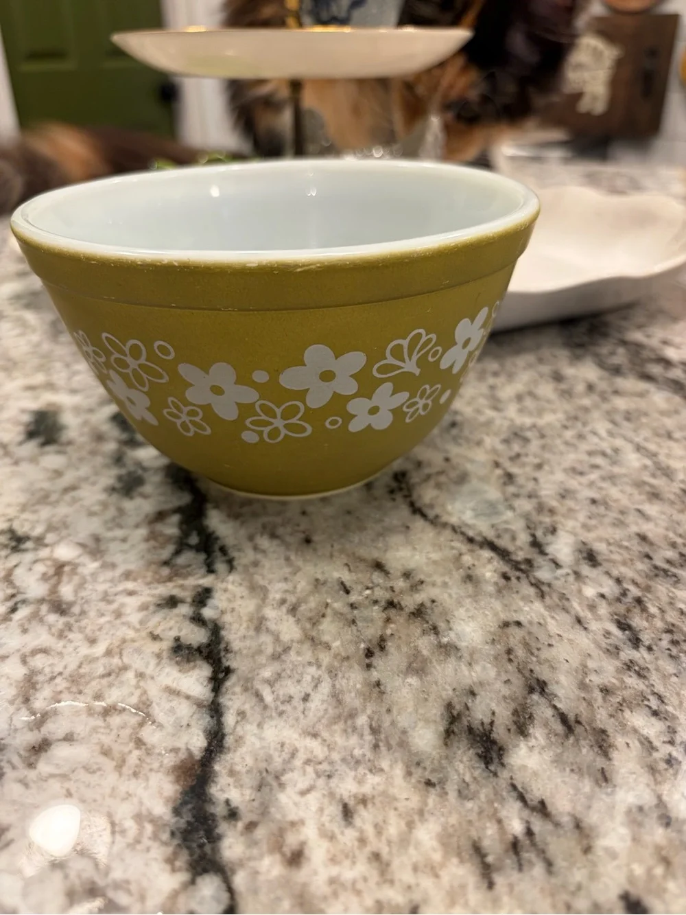 Vintage Pyrex Olive Green Floral Ceramic Bowl
